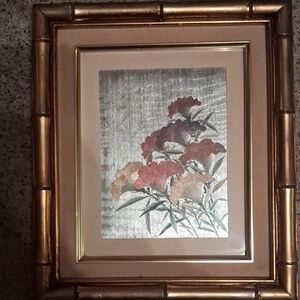 Metallic foil art print depicting Asian-style floral still life with peonies